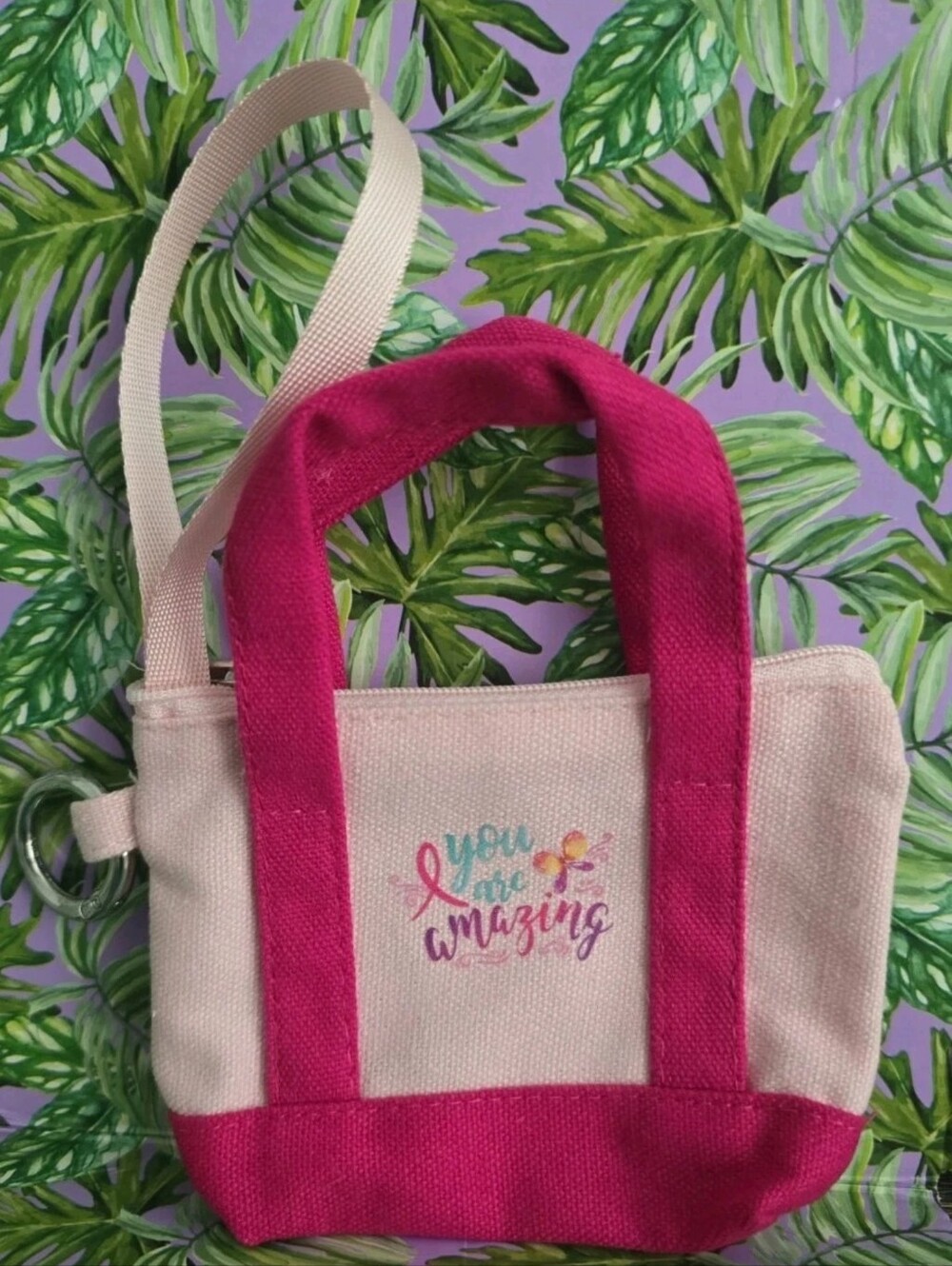 Canvas Micro Tote Bag You're Amazing Pink Mini Bag Keychain With Handle. New